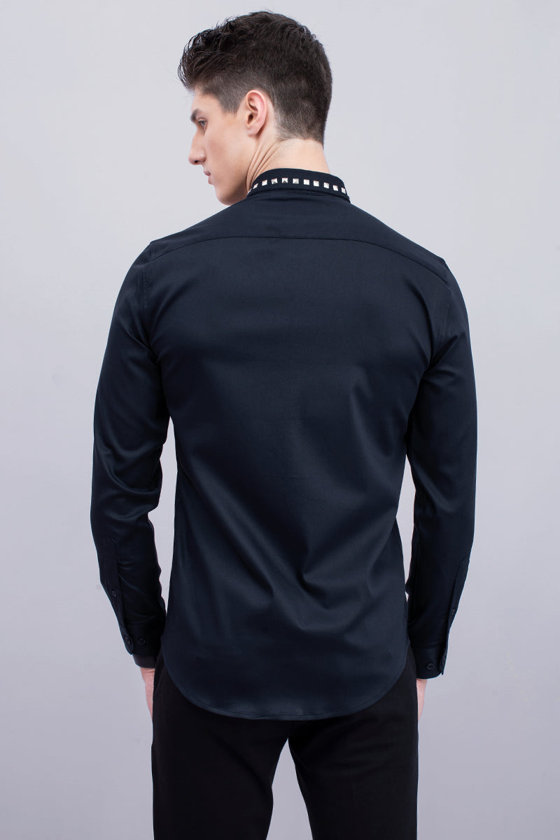Navy Studded Collar Design Shirt - SNITCH