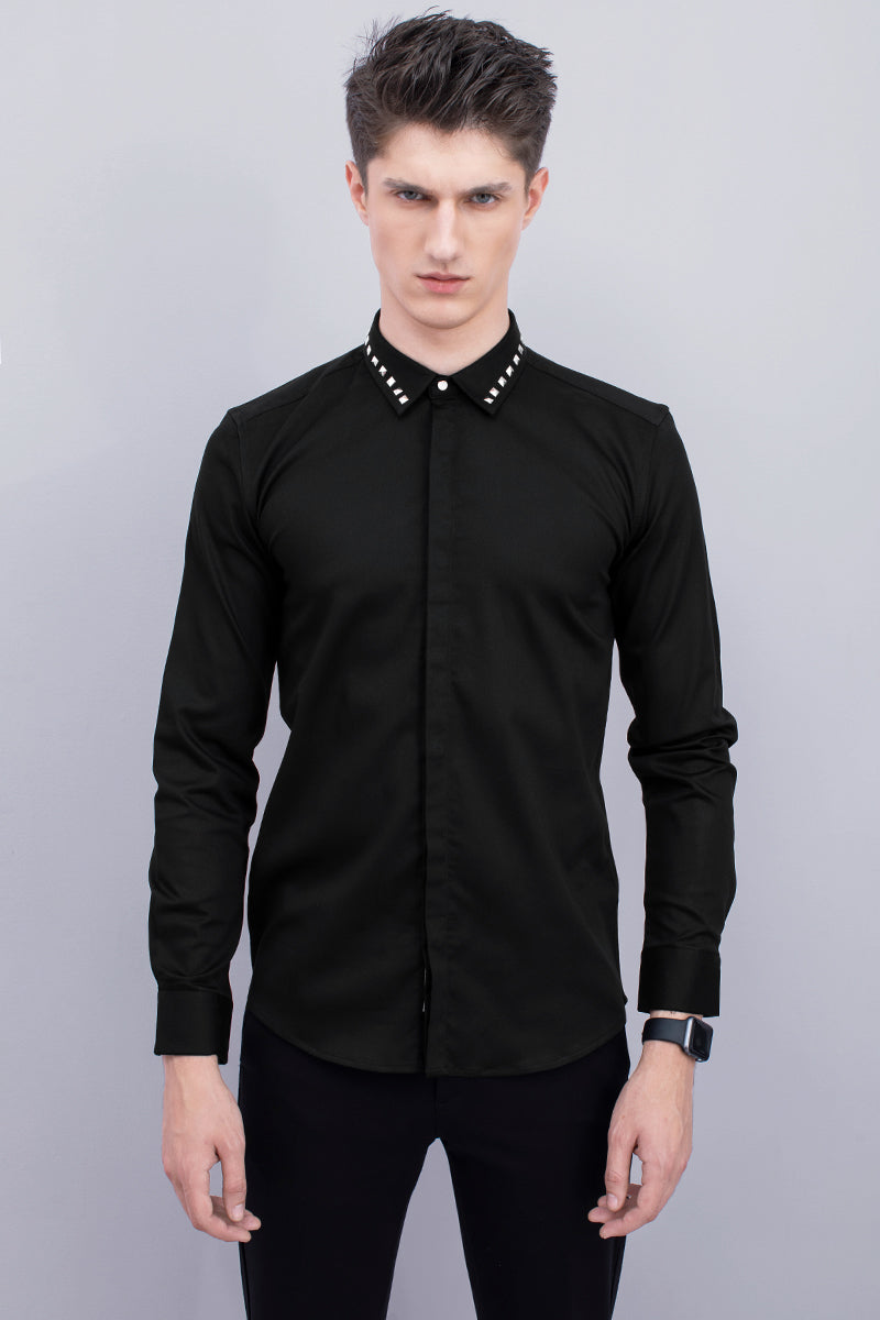 Black Studded Collar Design Shirt - SNITCH