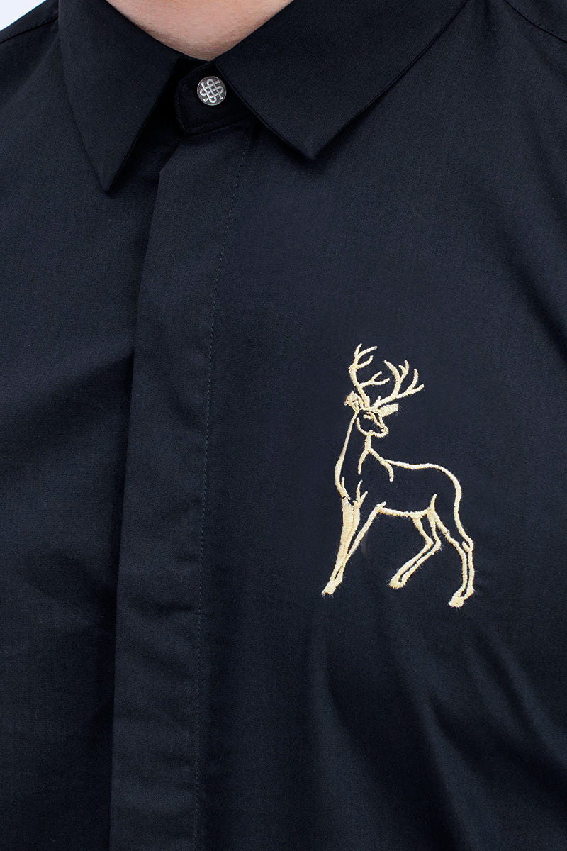 Navy Buck Deer Cotton Full Sleeves Shirt - SNITCH