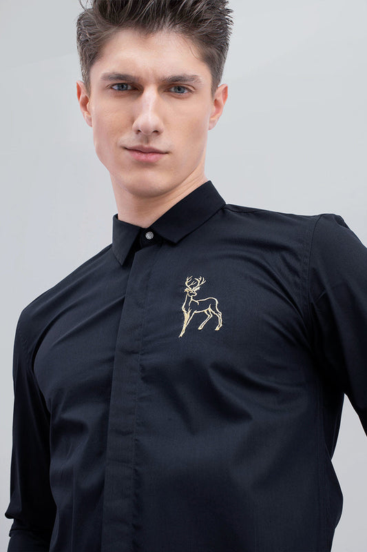 Navy Buck Deer Cotton Full Sleeves Shirt - SNITCH