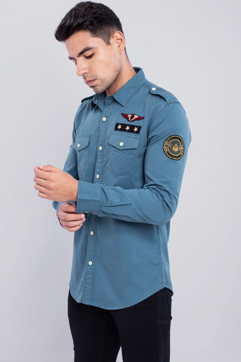 Teal Blue Double Pocket Cargo Shirt - SNITCH