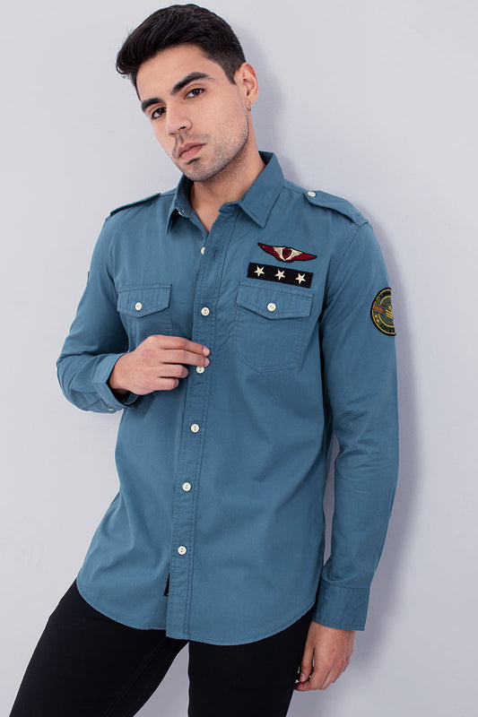 Teal Blue Double Pocket Cargo Shirt - SNITCH