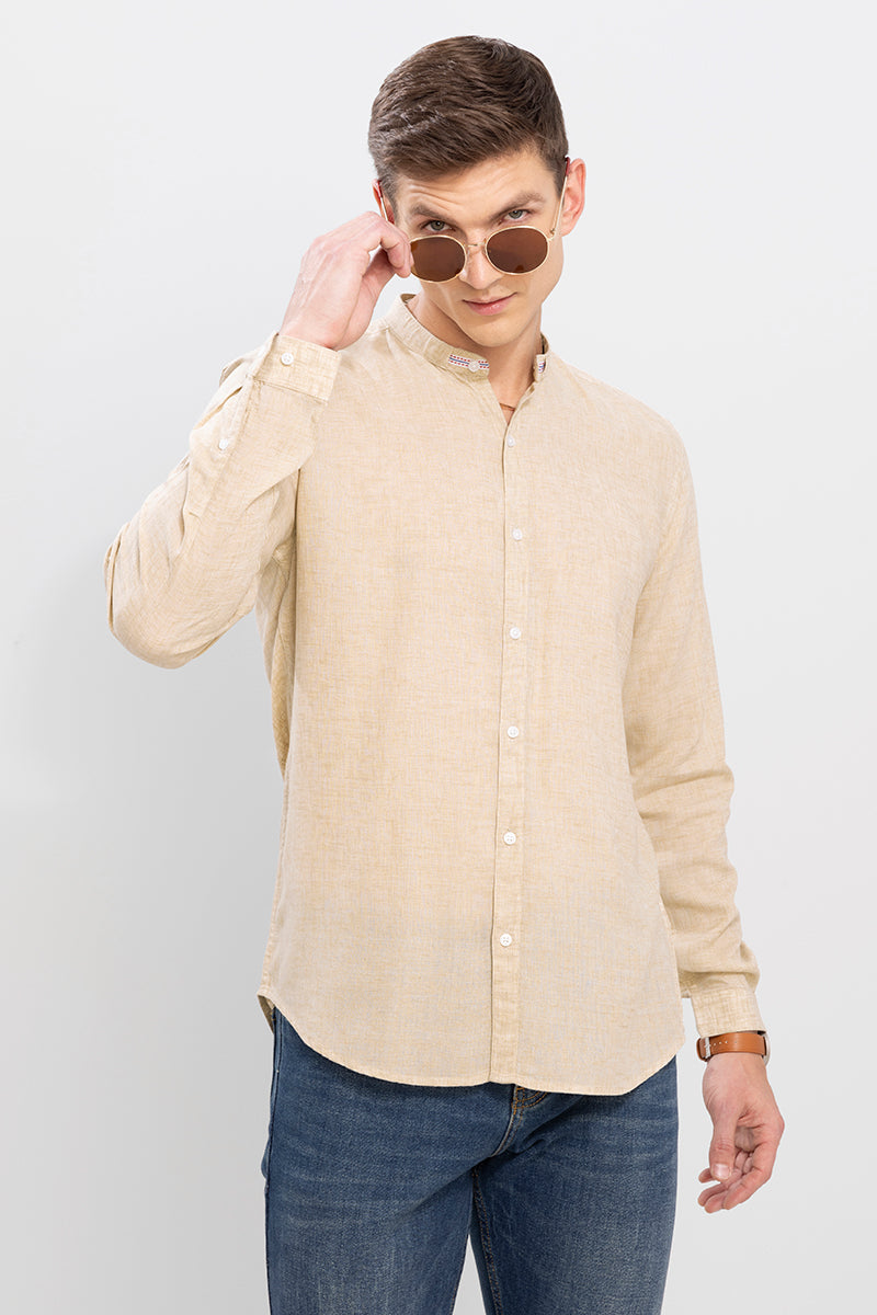 Tapped Collar Beige Linen Shirt | Relove