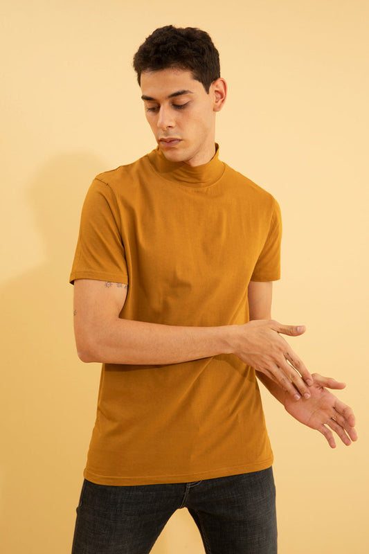 Solid Mustard Turtle Neck T-Shirt - SNITCH