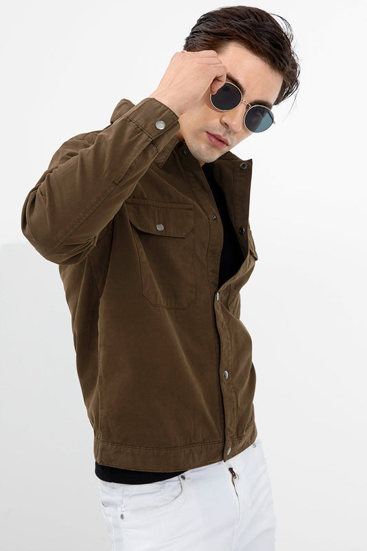 Snap Button Khaki Overshirt - SNITCH