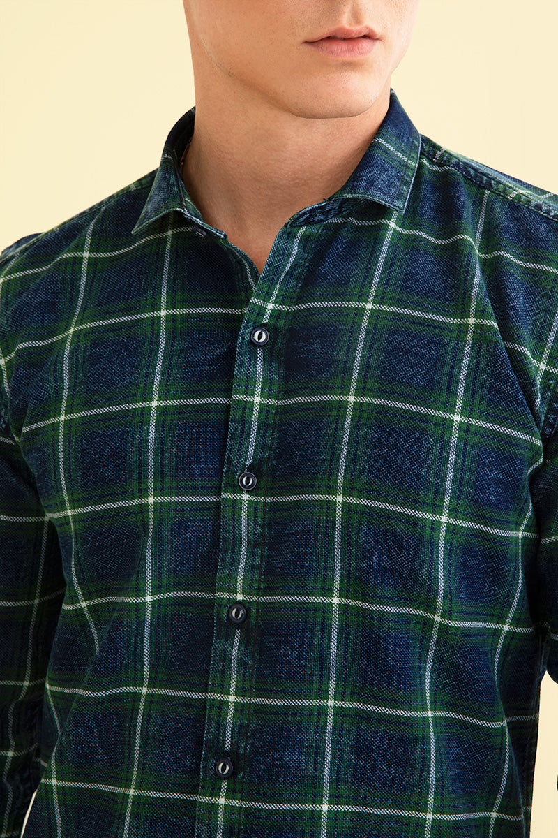 Indigo Denim With Green Checks Shirt - SNITCH