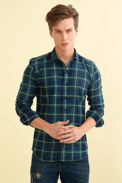 Indigo Denim With Green Checks Shirt - SNITCH