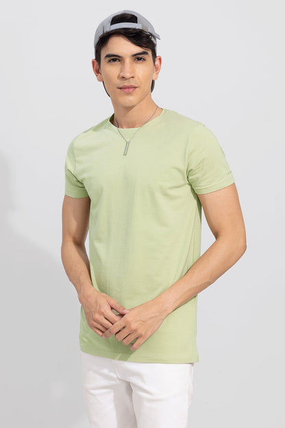 Tea Green Solid 4 Way Stretch Crew Neck T-Shirt | Relove