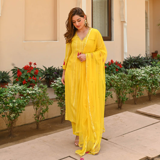 Yellow Gold Lurex Designer V Neck Suit Set For Women Online