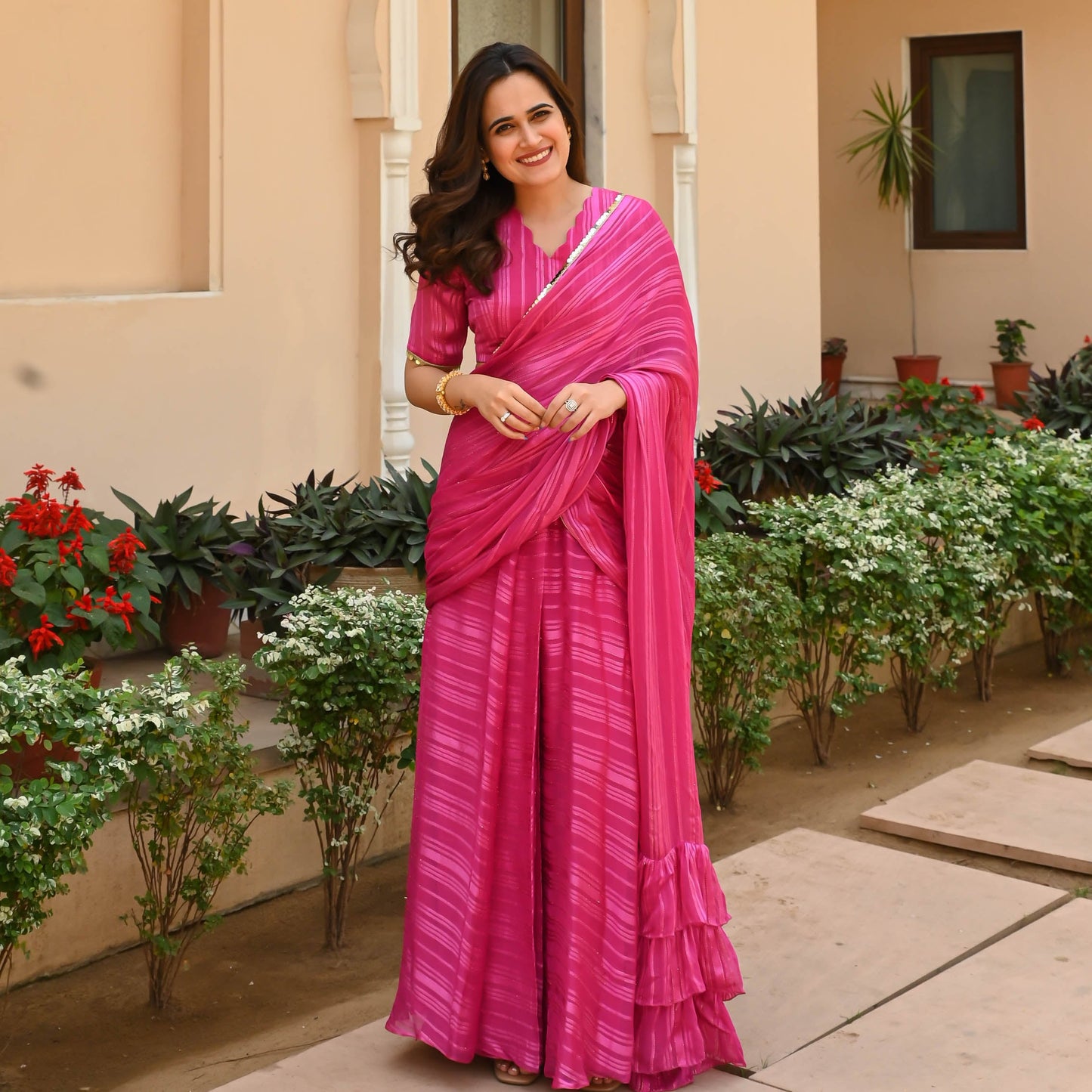 Pink Satin Strips Draped Saree | Relove