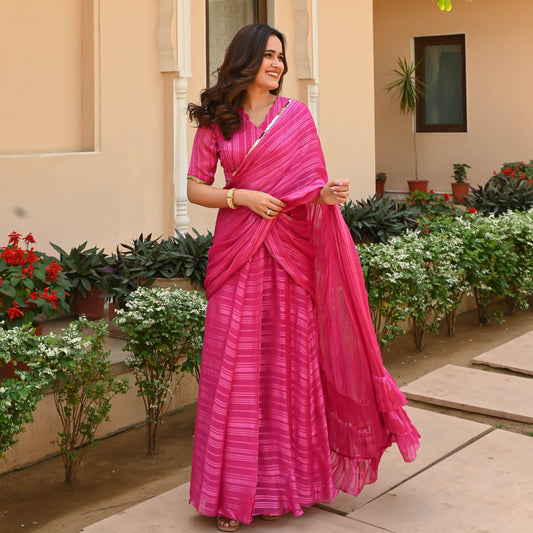 Pink Satin Strips Draped Saree | Relove
