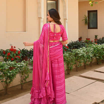 Pink Satin Strips Draped Saree | Relove