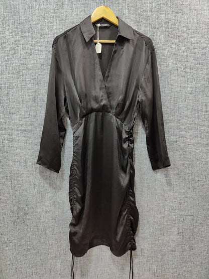 ZARA Solid Black Ruched Midi Dress | Relove