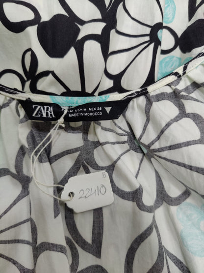 ZARA White Front Tie up Black And Blue Floral Print Midi Dress | Relove