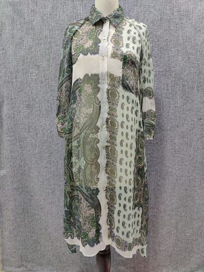 ZARA Green And White Sheer Paisley Print Buttoned Dress | Relove