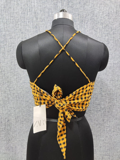 ZARA Mustarded Yellow And Black Plaid Tie Up Crop Top | Relove