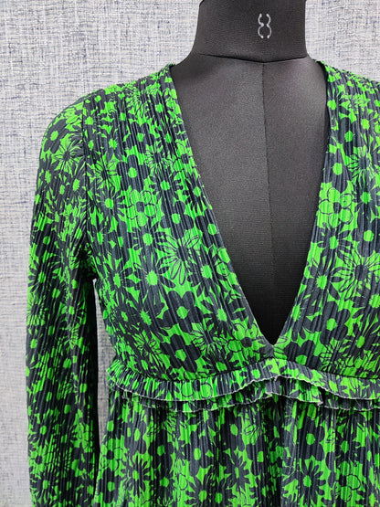 ZARA Green And Black Pleated Floral Print Midi Dress | Relove