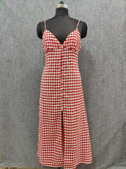 ZARA Red And White Checks Sleeveless Buttoned Dress | Relove