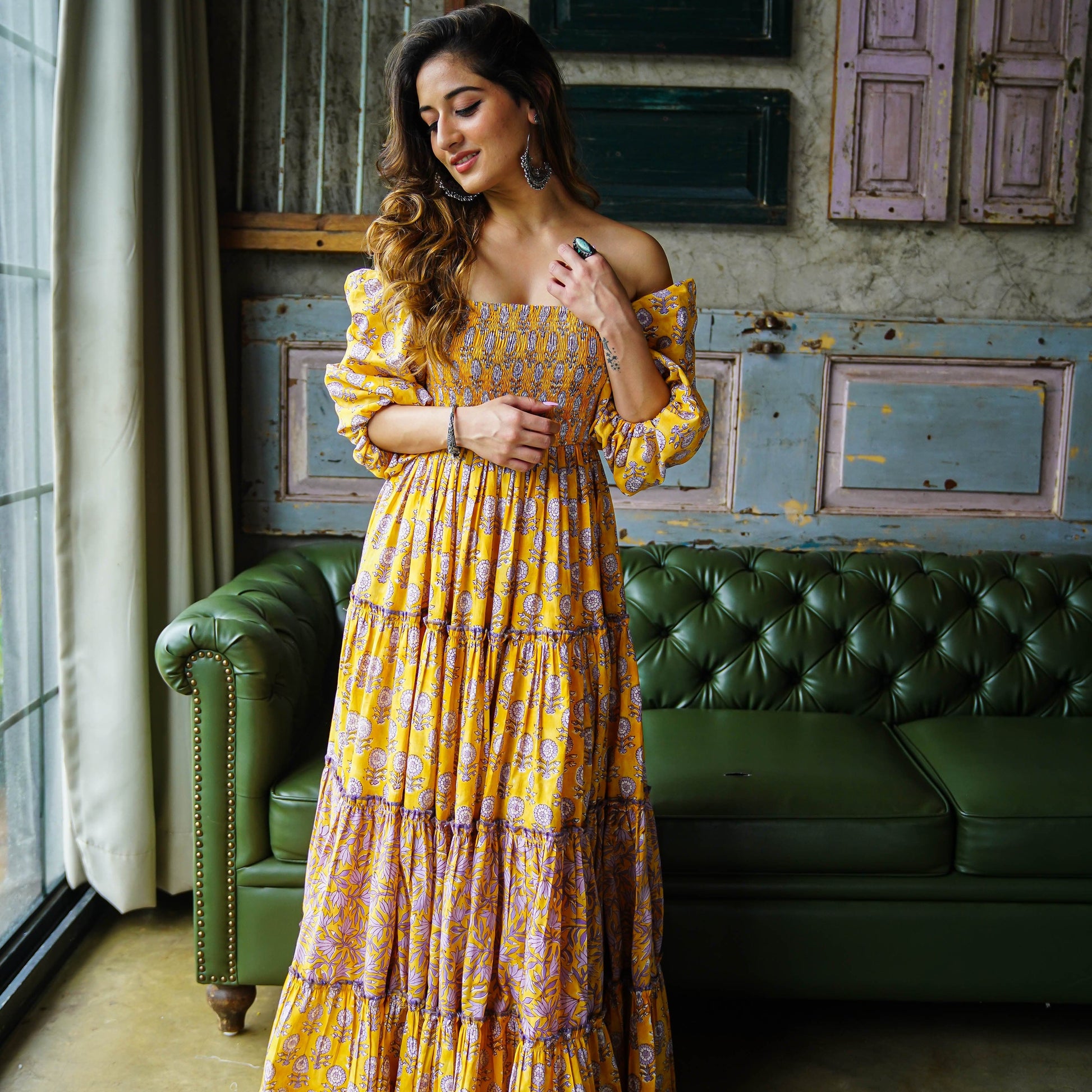 Mustard floral long dress