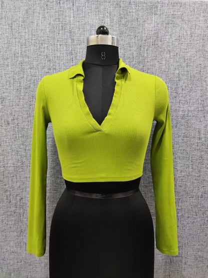 ZARA Green Long Sleeve Collared Crop Top | Relove