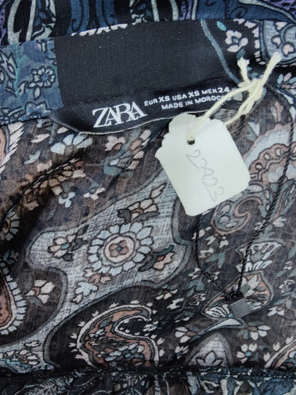 ZARA Dark Blue Paisley Print Sheer Buttoned Top | Relove