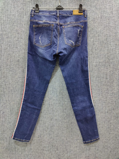 ZARA Blue Denim With White And Red Strip Jeans | Relove
