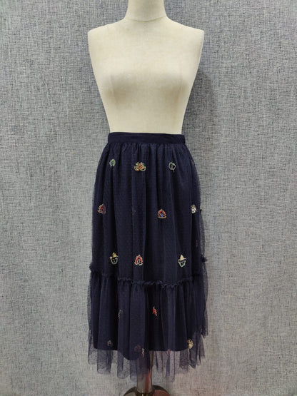 ZARA Navy Blue Peacock Embroidered Skirt | Relove