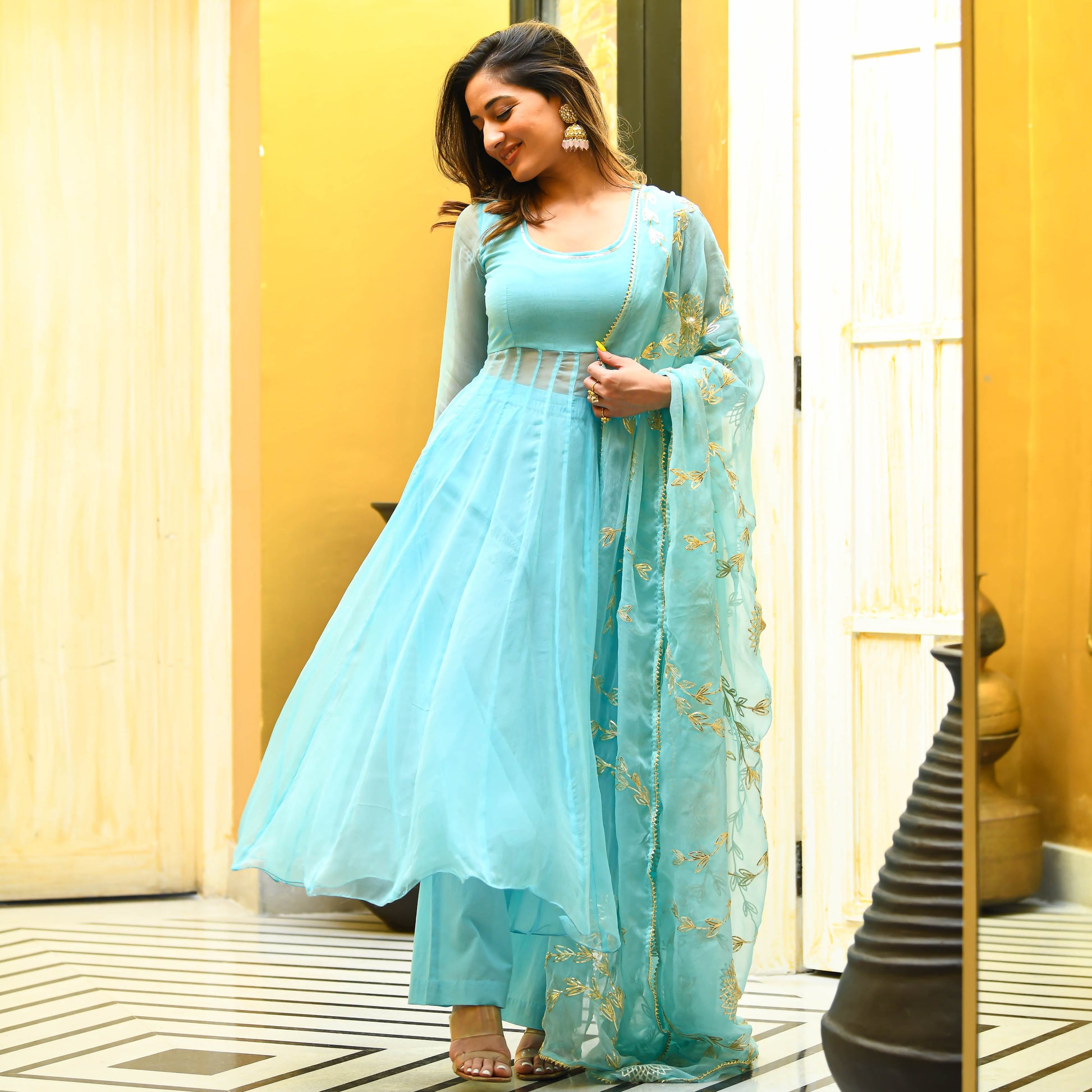 Light Blue Anarkali Suit Set with Gota Work