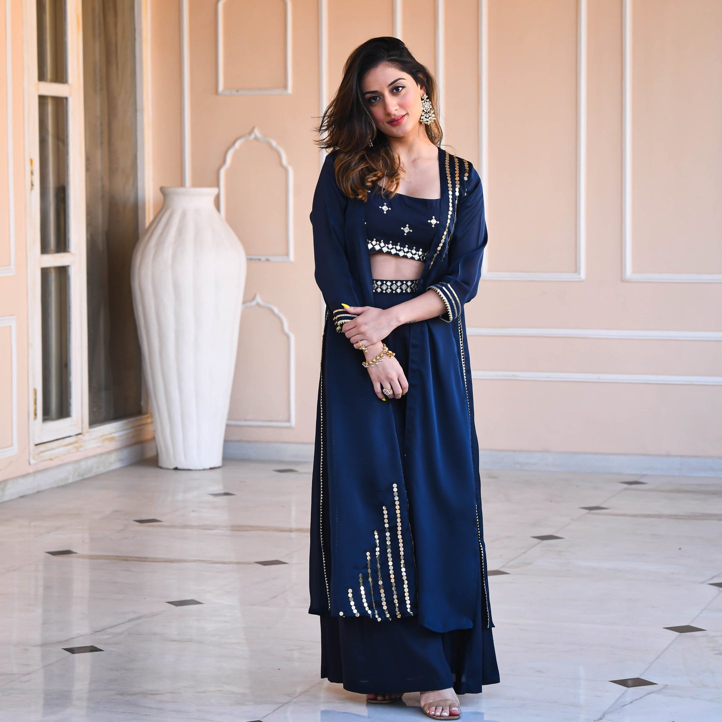 Blue Cotton Silk Mirror work Co-ord Set