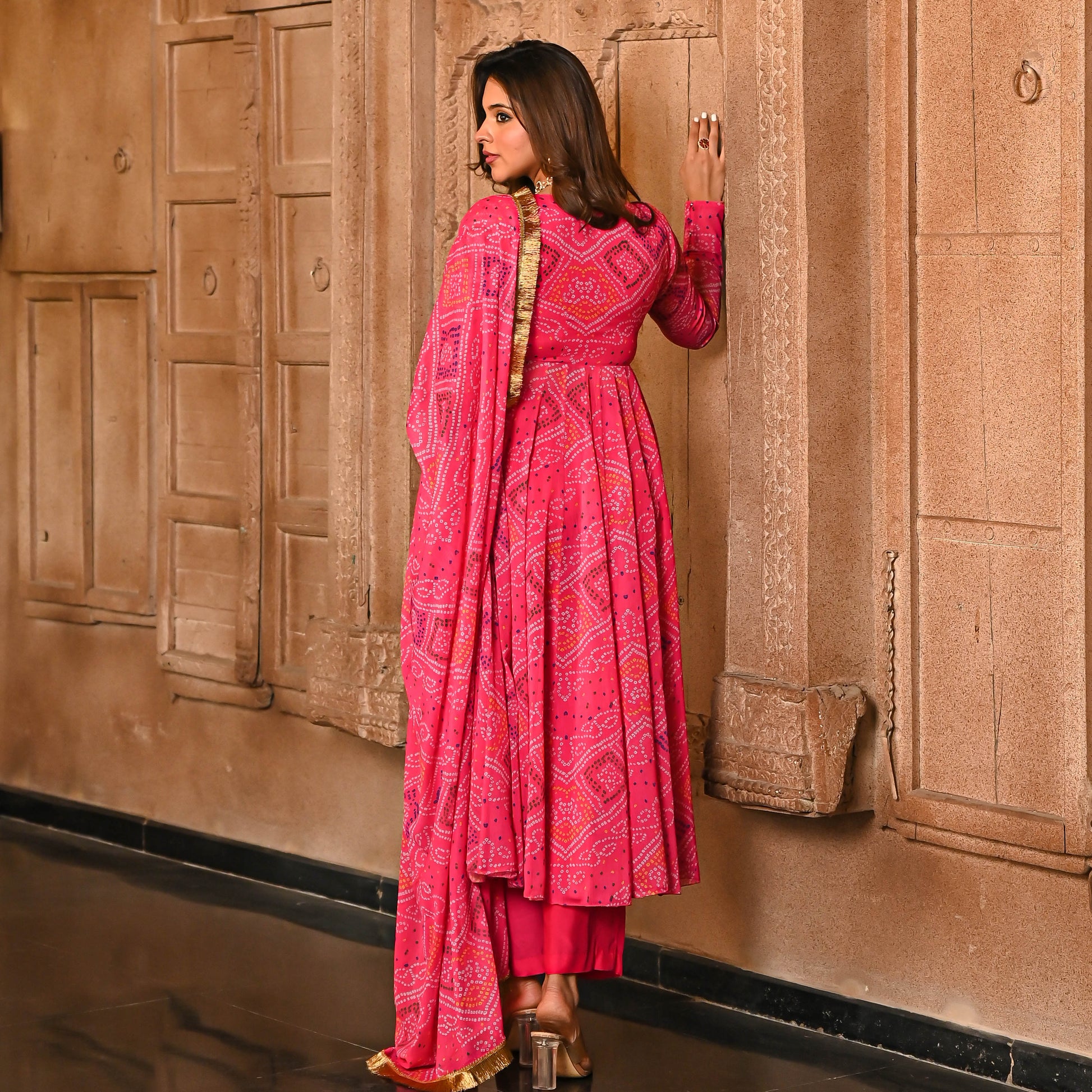 Georgette Pink Badhani Anarkali Suit Set