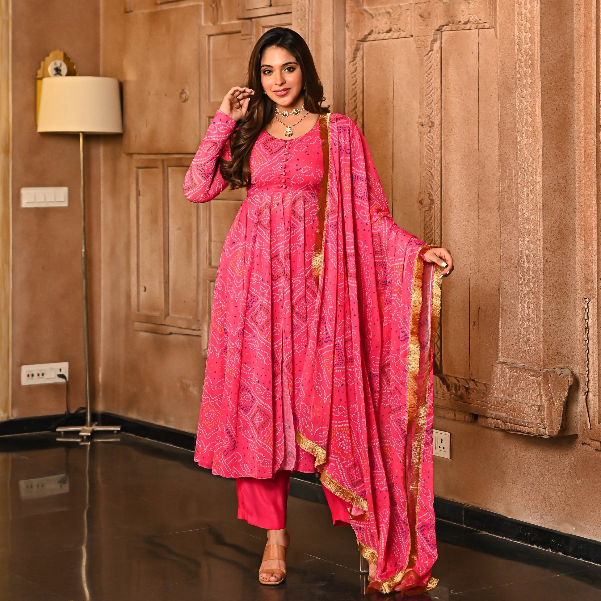 Georgette Pink Badhani Anarkali Suit Set