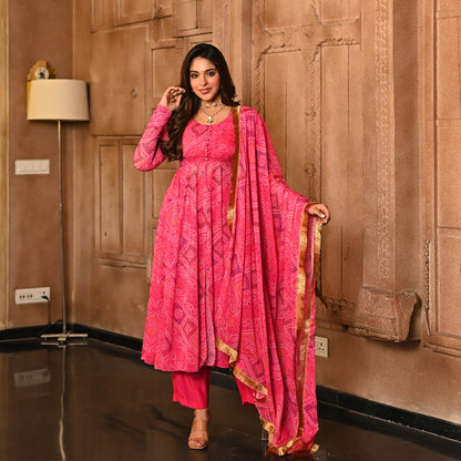 Georgette Pink Badhani Anarkali Suit Set