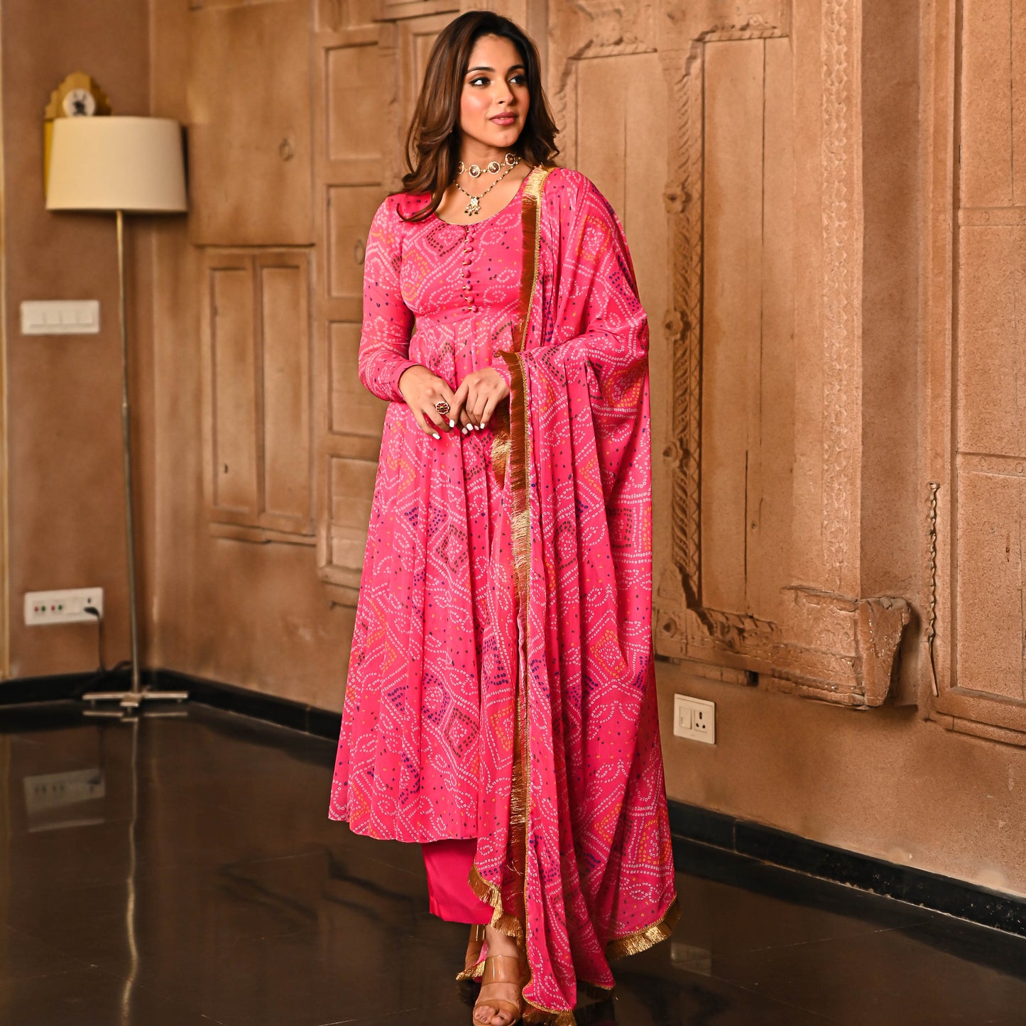 Georgette Pink Badhani Anarkali Suit Set