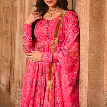 Georgette Pink Badhani Anarkali Suit Set