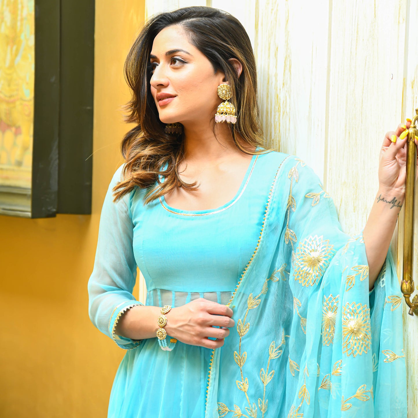 Light Blue Anarkali Suit Set with Gota Work