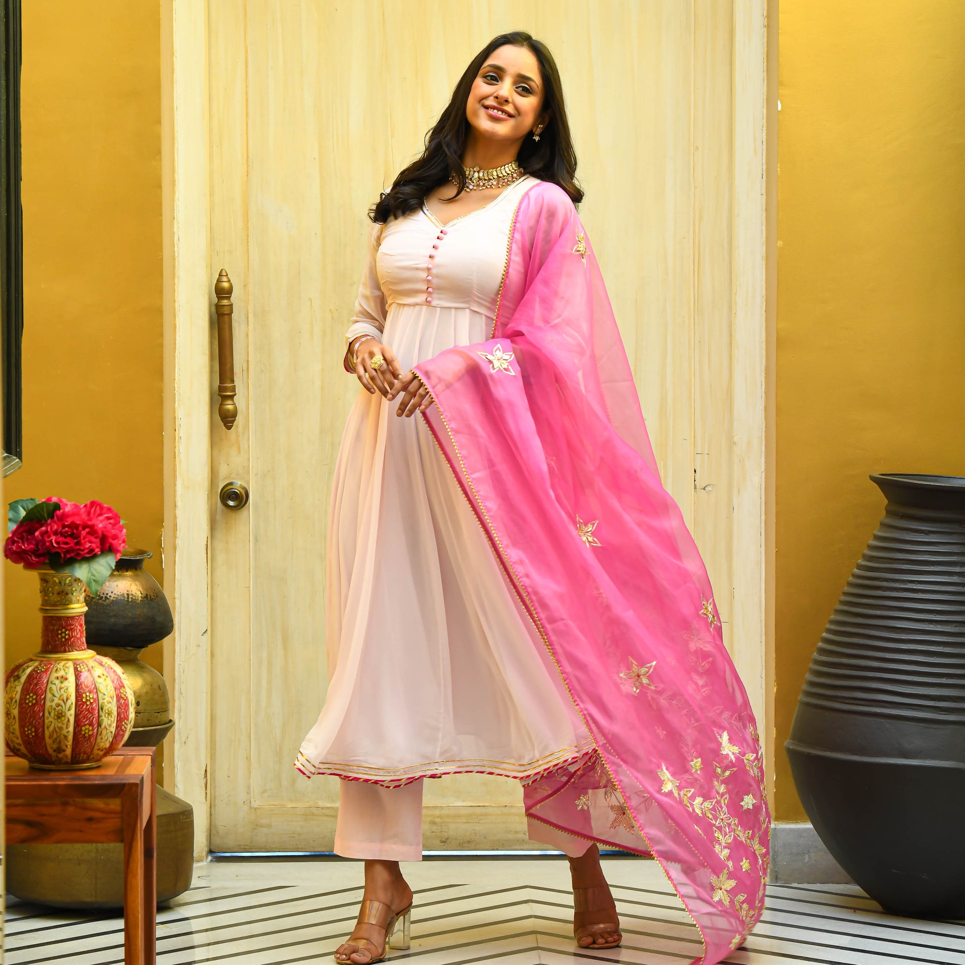 Baby Pink Georgette Gota Anarkali Suit Set