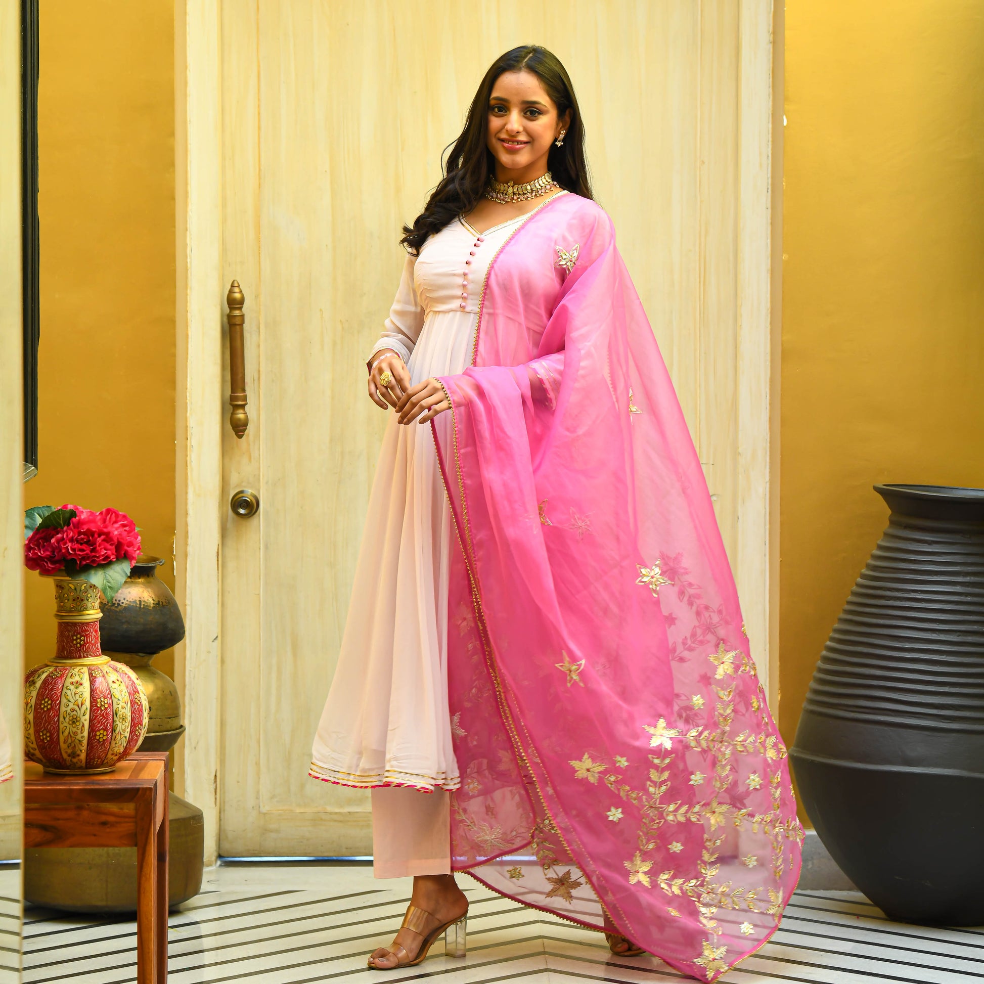 Baby Pink Georgette Gota Anarkali Suit Set