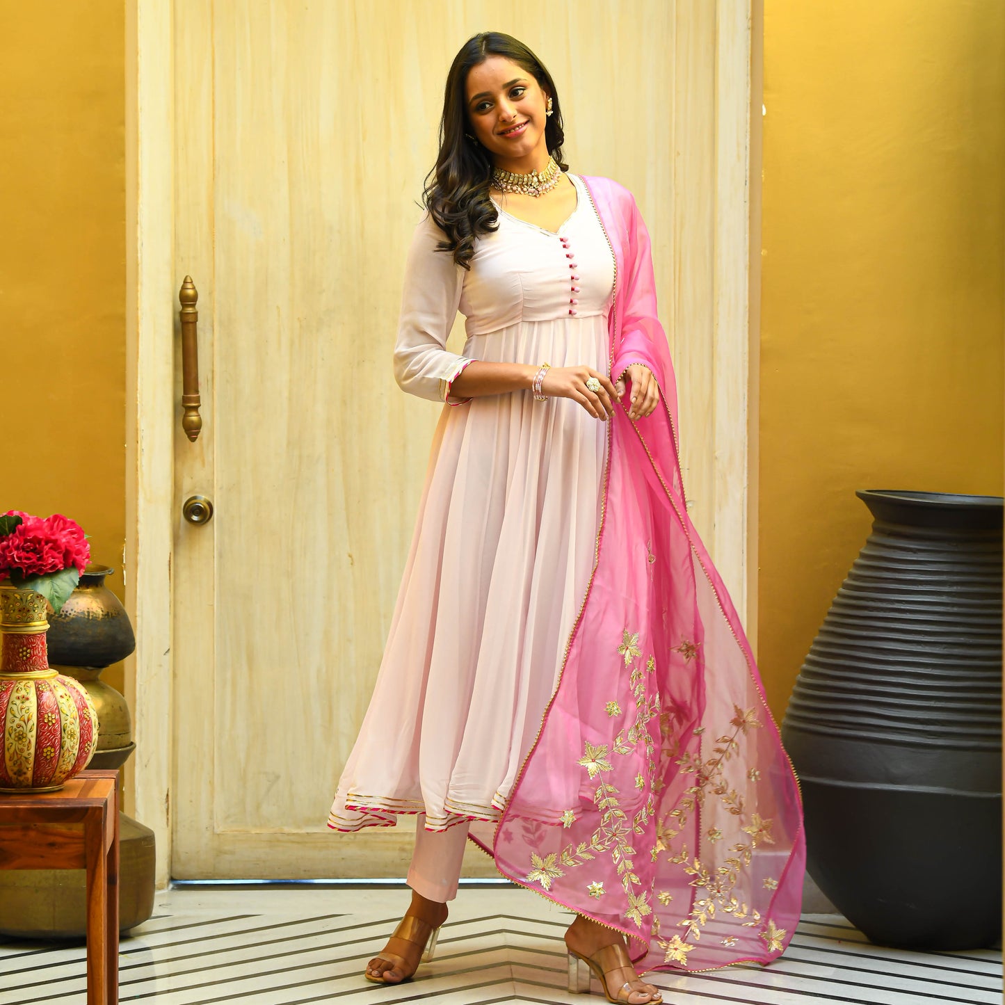 Baby Pink Georgette Gota Anarkali Suit Set